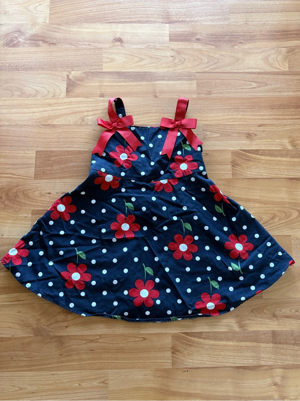 Bonnie Jean Navy Polka Dot Dress with Red Floral Bows 2T